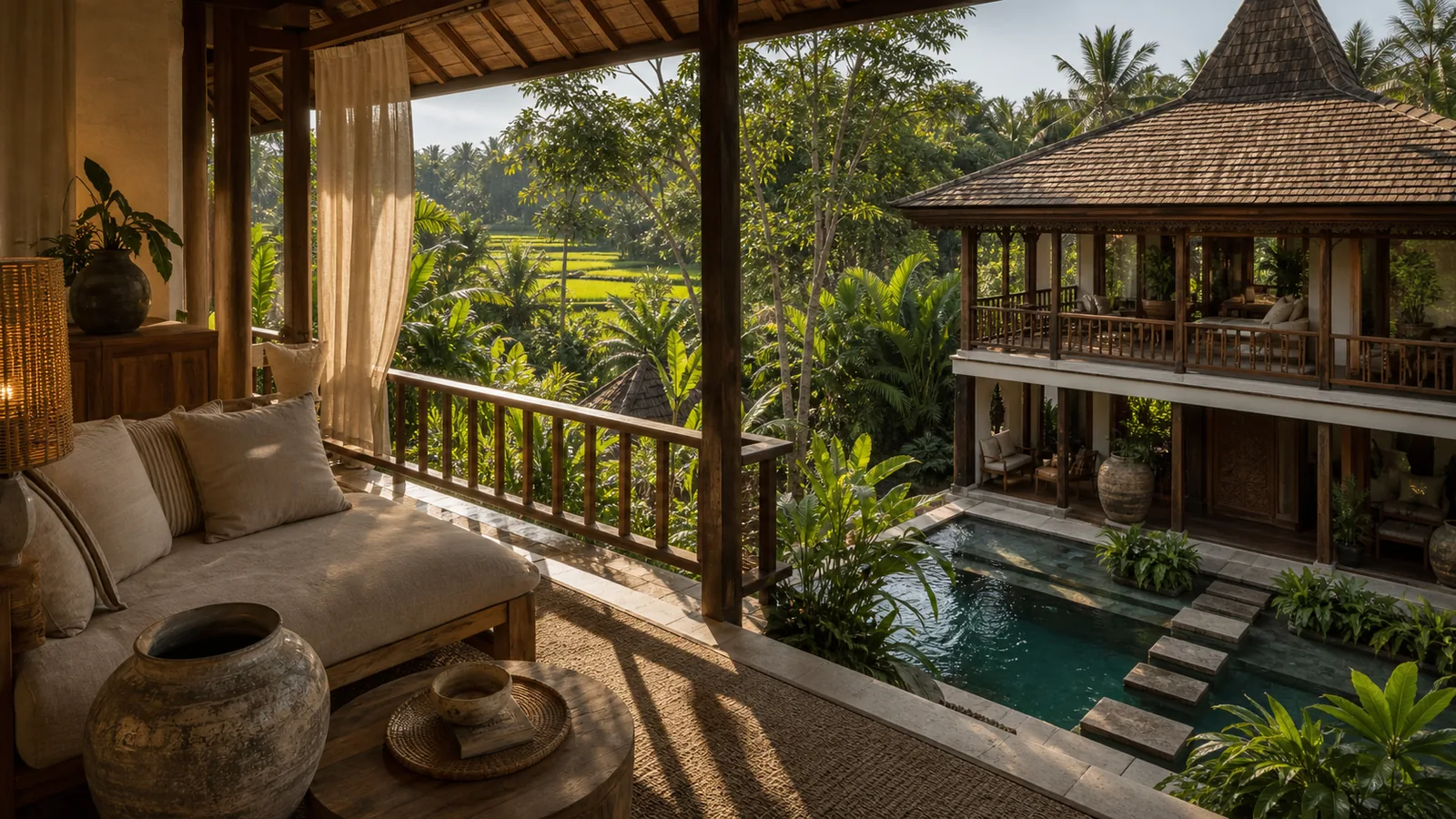 Ubud Bali villa final villa scene: wide living room and garden composition that feels ready for a serious buyer shortlist