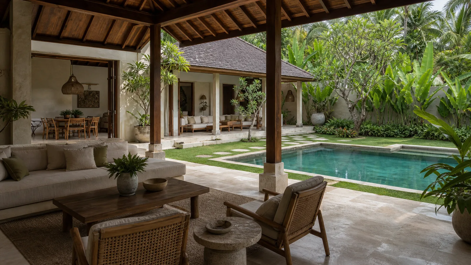 Ubud Bali villa hero: Ubud villa scenes emphasizing long-stay livability, kitchen, storage, garden and pool: hero villa scene
