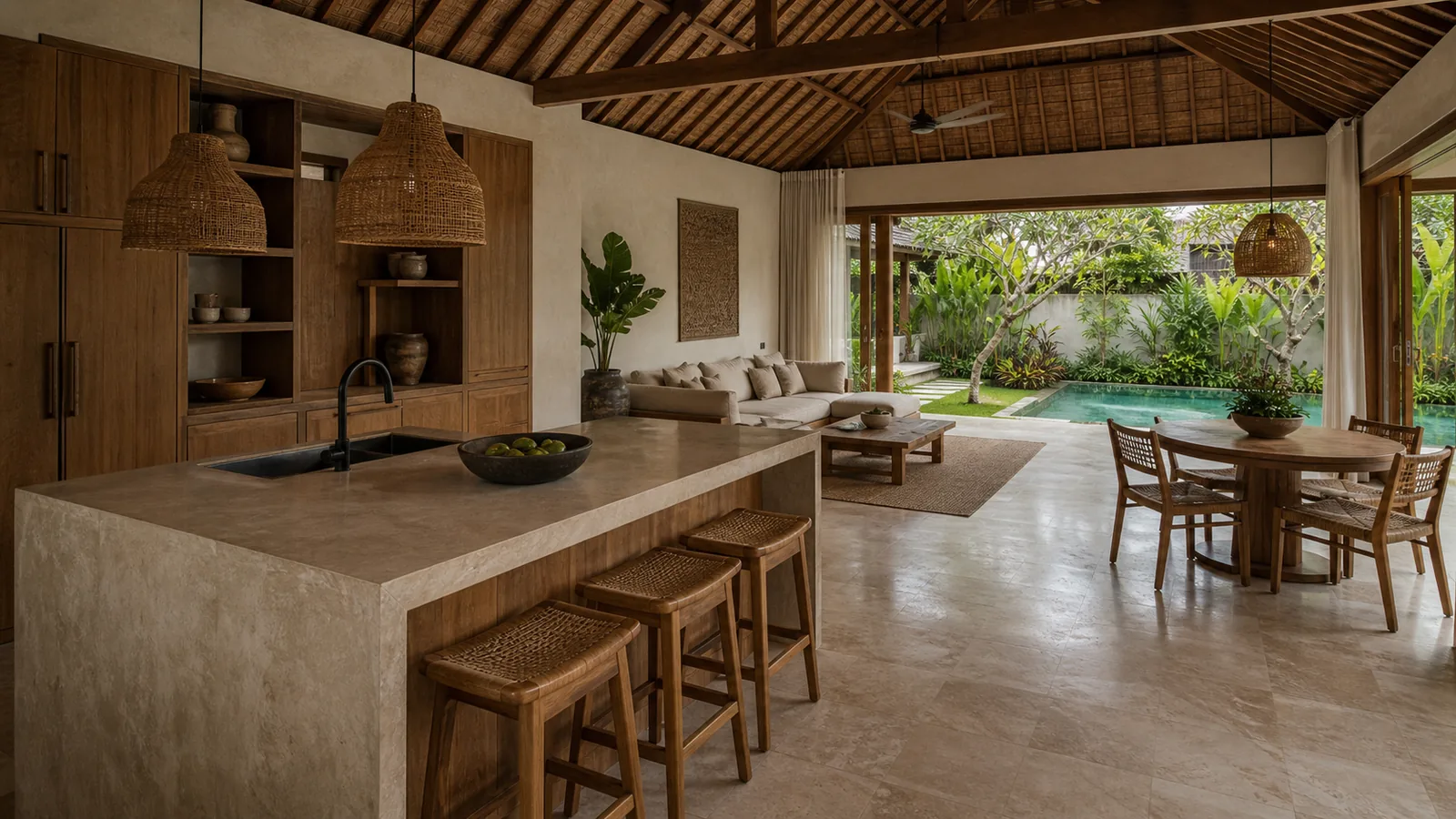Ubud Bali villa main room: Ubud villa scenes emphasizing long-stay livability, kitchen, storage, garden and pool: main room villa scene