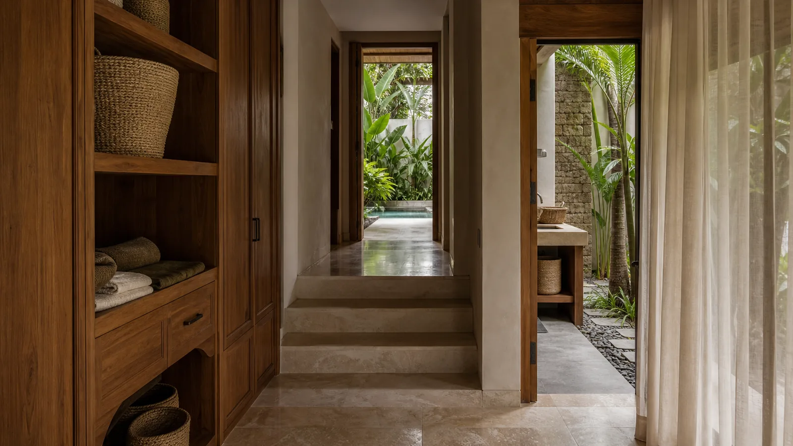 Ubud Bali villa architecture detail: Ubud villa scenes emphasizing long-stay livability, kitchen, storage, garden and pool: architecture detail villa scene