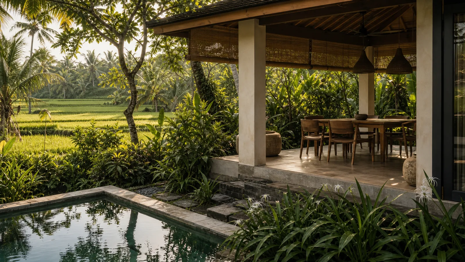 Ubud Bali villa location feel: Ubud villa scenes emphasizing long-stay livability, kitchen, storage, garden and pool: location feel villa scene