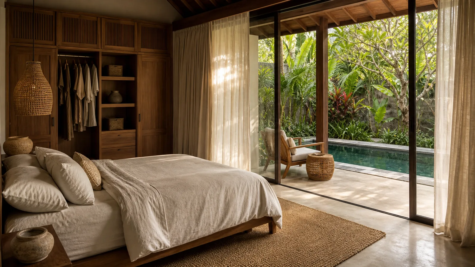 Ubud Bali villa guest experience: Ubud villa scenes emphasizing long-stay livability, kitchen, storage, garden and pool: guest experience villa scene