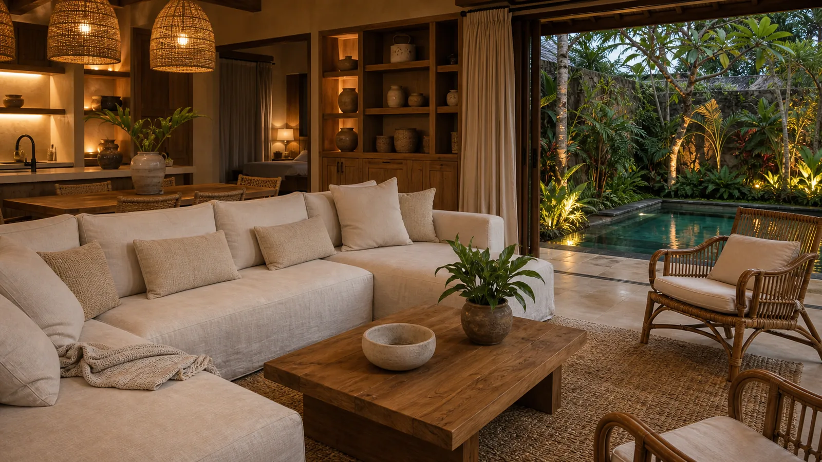 Ubud Bali villa final villa scene: Ubud villa scenes emphasizing long-stay livability, kitchen, storage, garden and pool: final villa scene
