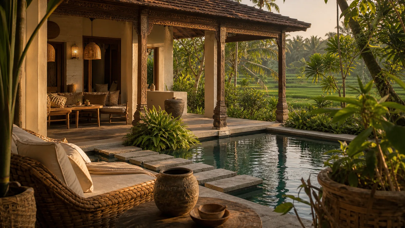 Ubud Bali villa hero: Joglo pavilion entrance with carved teak columns, rattan lounge detail, and tropical planting