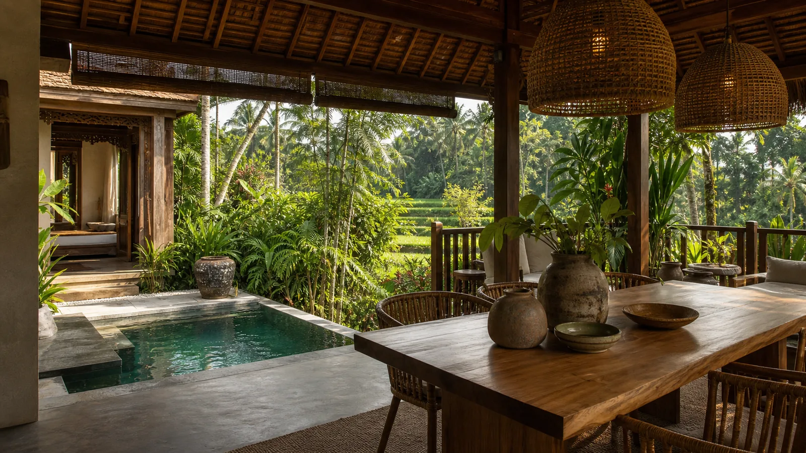 Ubud Bali villa main room: dining pavilion beside the pool with woven chairs, handmade ceramics, and tropical greenery
