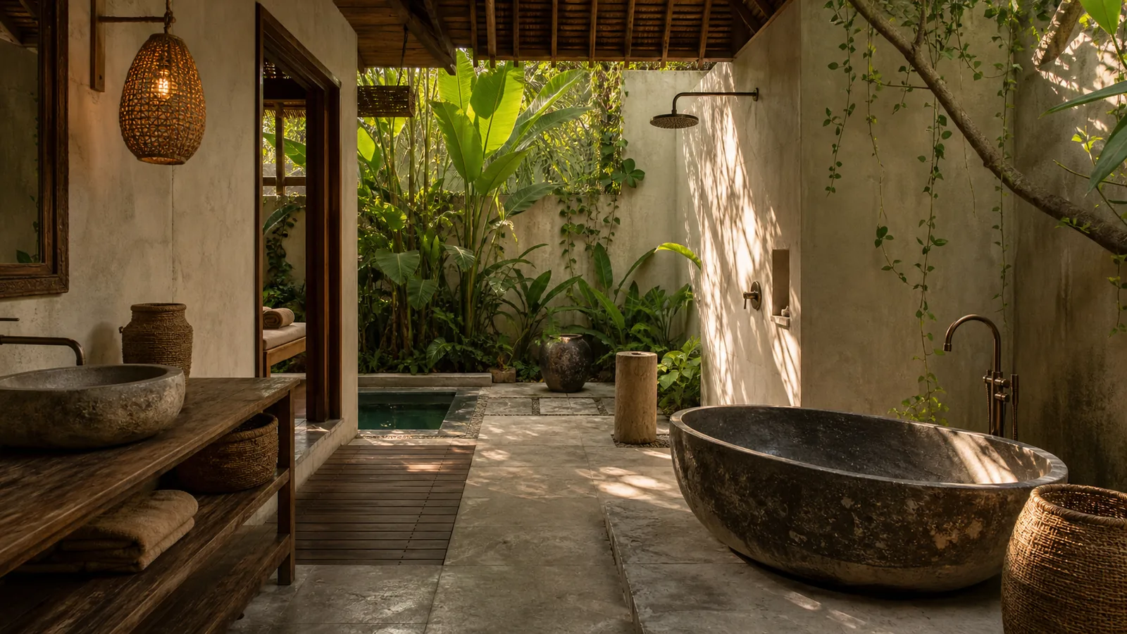 Ubud Bali villa architecture detail: open-air bathroom with stone bathtub, rain shower, limewashed walls, and tropical planting