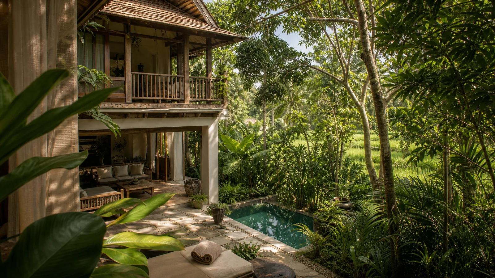 Ubud Bali villa location feel: villa facade and courtyard view tuned to the selected Bali location and architectural style