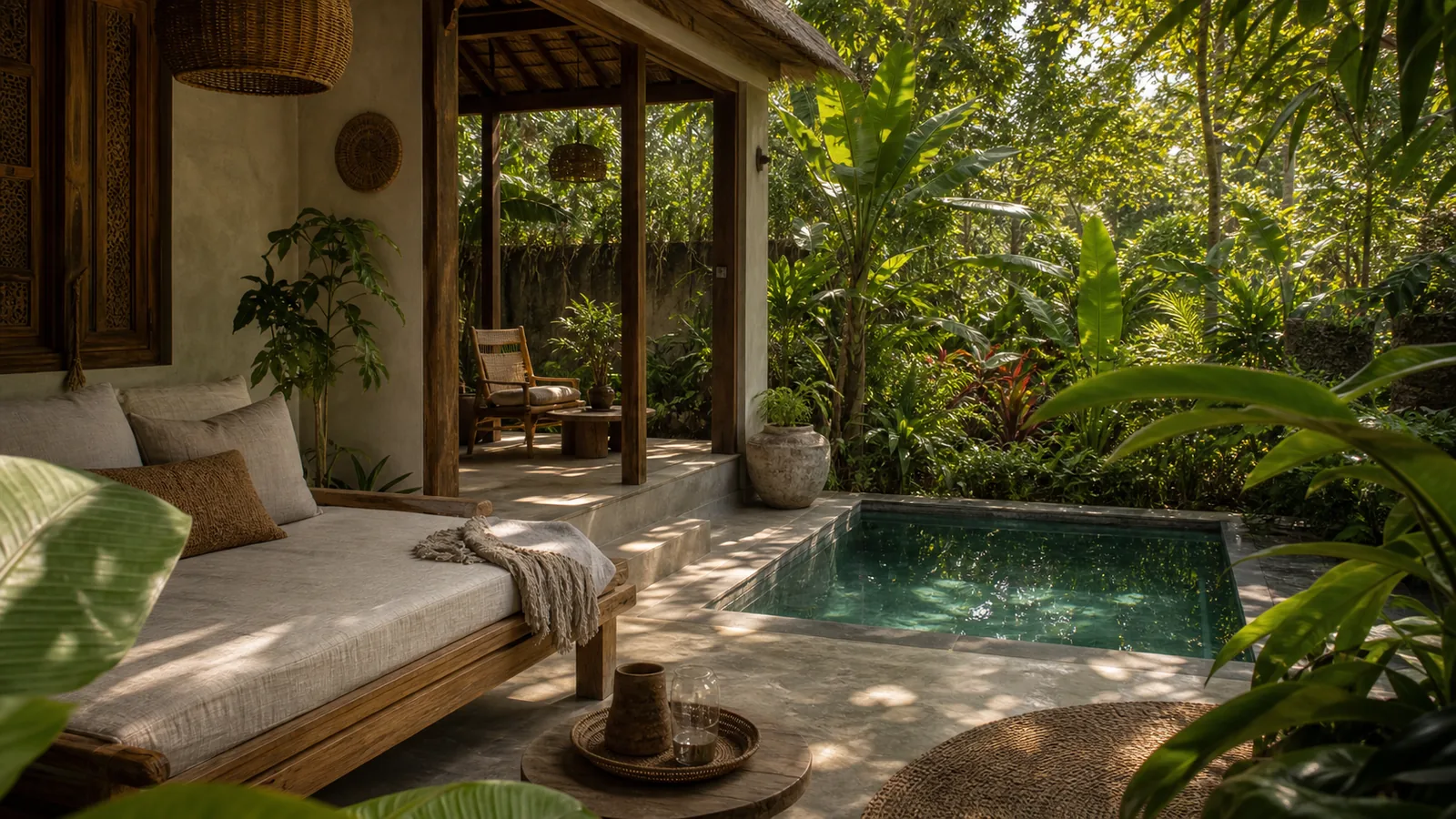 Ubud Bali villa guest experience: poolside daybed and shaded terrace, guest-ready but not staged like a hotel advertisement