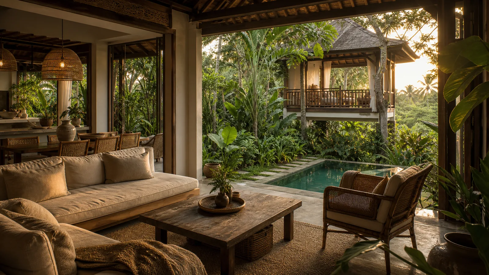 Ubud Bali villa final villa scene: wide living room and garden composition that feels ready for a serious buyer shortlist