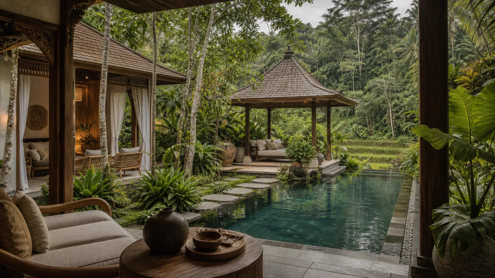 Ubud Bali villa hero: whole-villa pool courtyard with living pavilion, garden depth, and layered indoor-outdoor framing