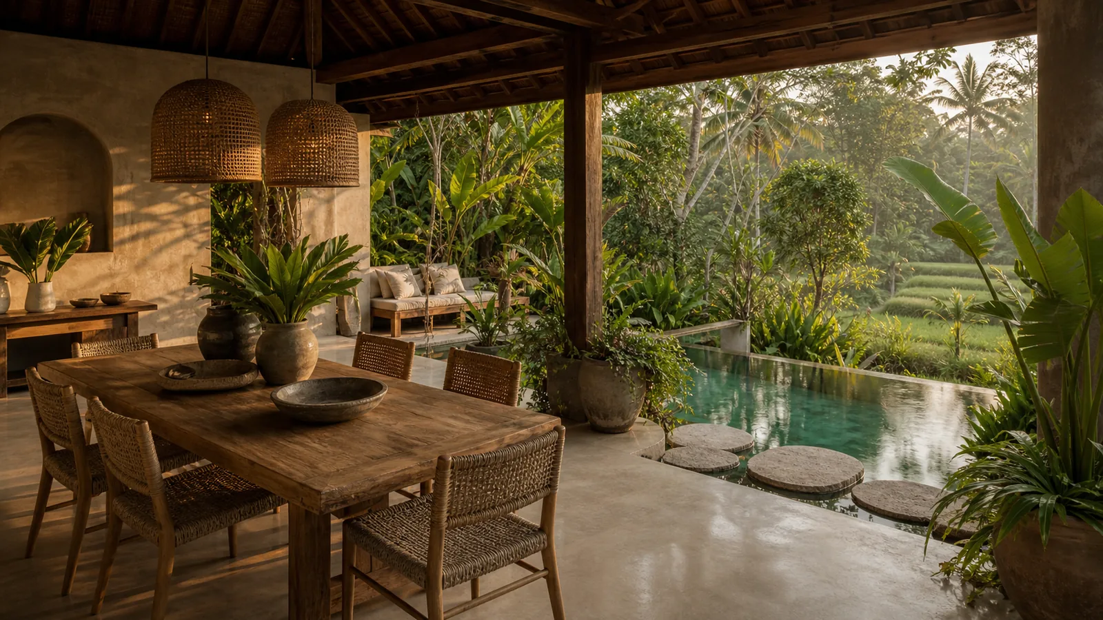 Ubud Bali villa main room: dining pavilion beside the pool with woven chairs, handmade ceramics, and tropical greenery