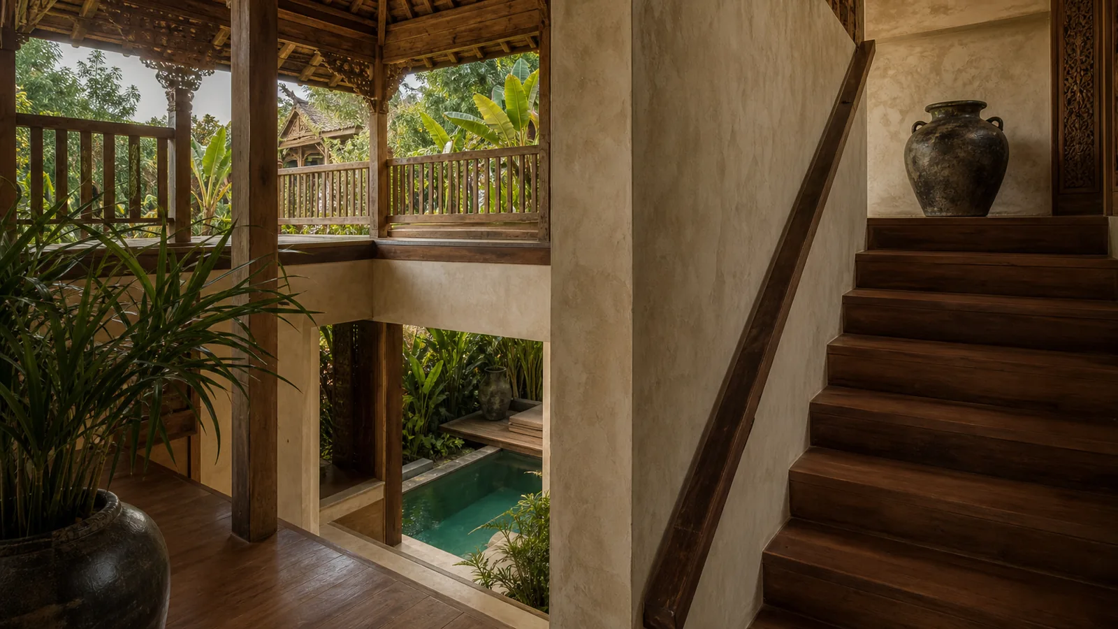 Ubud Bali villa architecture detail: split-level stairwell with teak steps, plaster walls, ceramic vessel, and courtyard glimpse