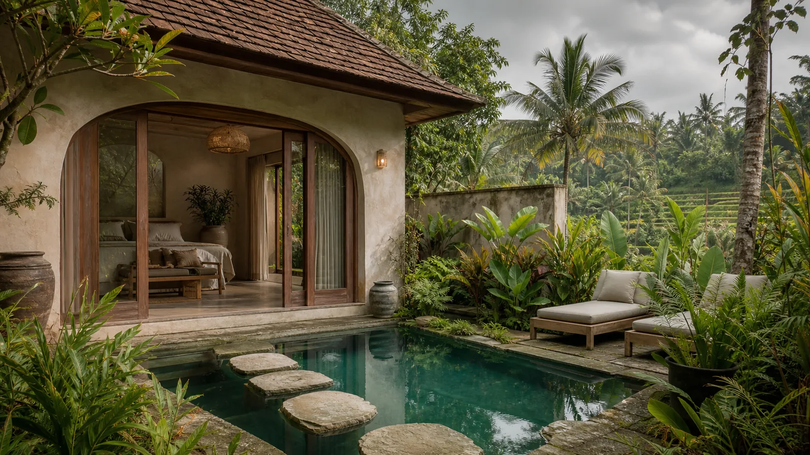 Ubud Bali villa location feel: villa facade and courtyard view tuned to the selected Bali location and architectural style