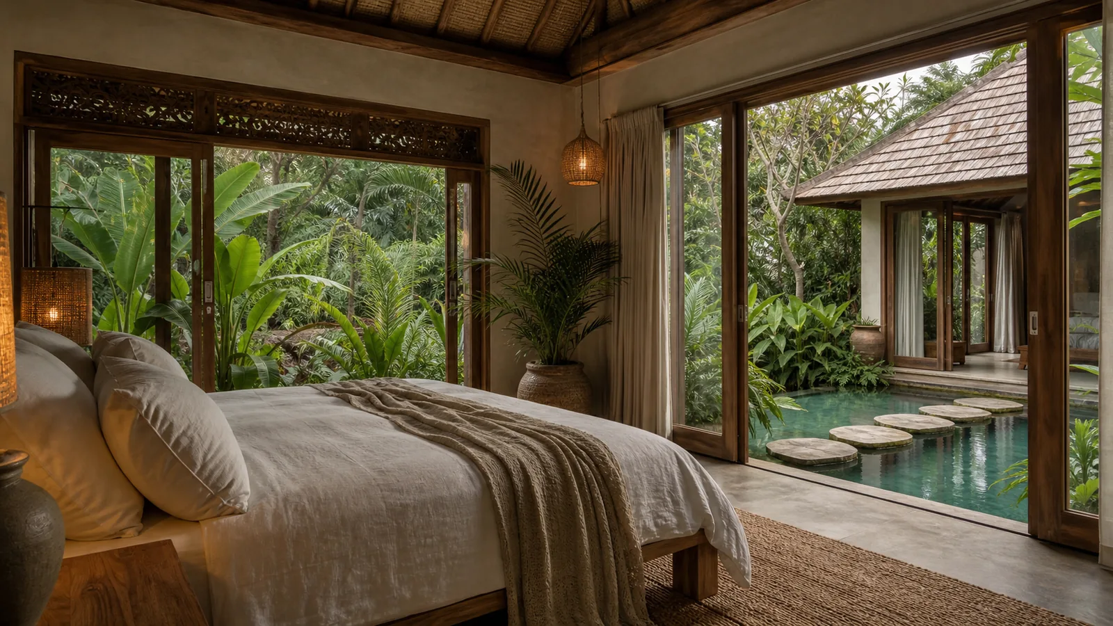 Ubud Bali villa guest experience: guest bedroom with linen bed, woven rug, teak side table, and garden or pool transition