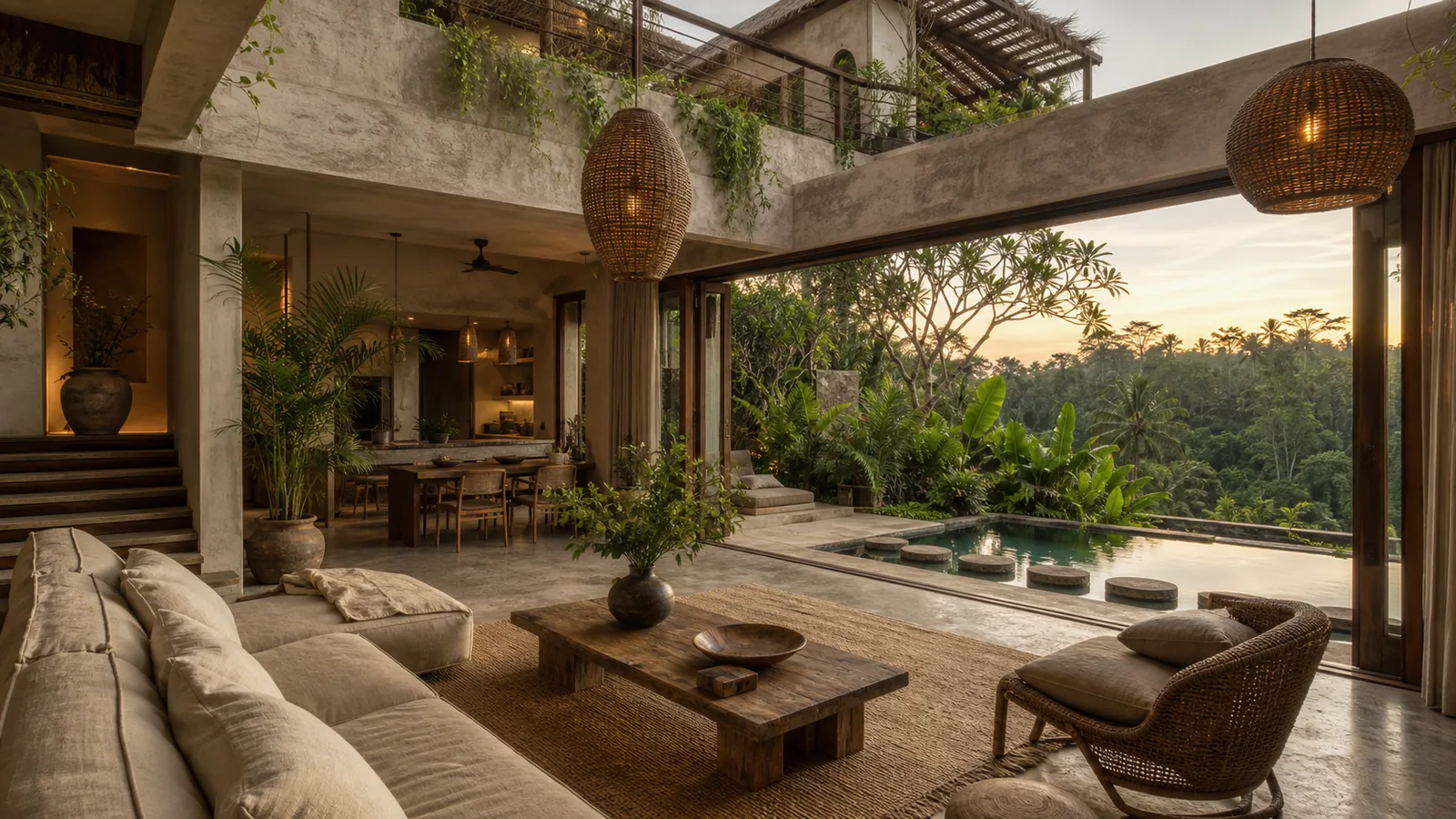 Ubud Bali villa final villa scene: wide living room and garden composition that feels ready for a serious buyer shortlist