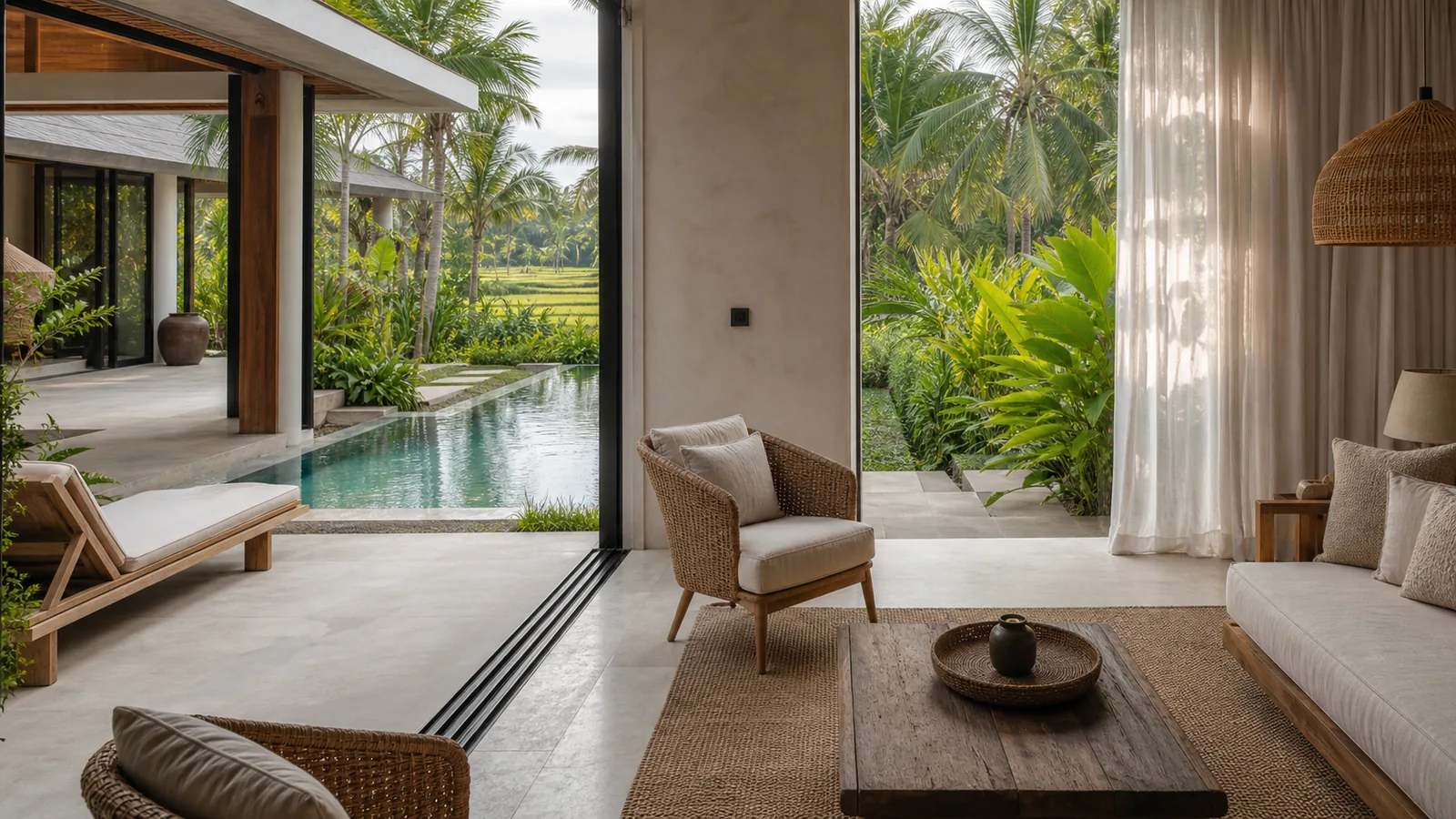 Ubud and Canggu comparison Bali villa hero: Bali villa comparison context with Ubud greenery and Canggu modern tropical cues: hero villa scene