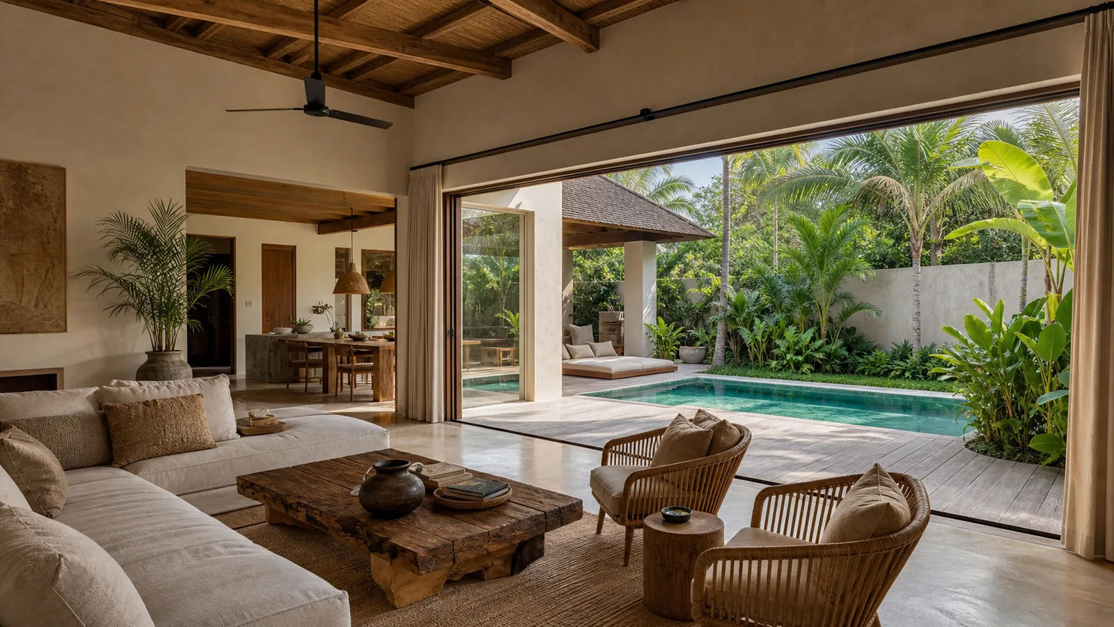 Ubud and Canggu comparison Bali villa main room: Bali villa comparison context with Ubud greenery and Canggu modern tropical cues: main room villa scene