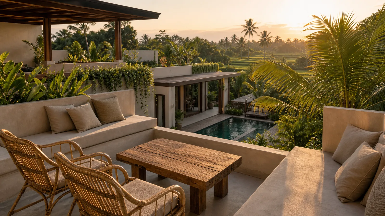 Ubud and Canggu comparison Bali villa final villa scene: Bali villa comparison context with Ubud greenery and Canggu modern tropical cues: final villa scene