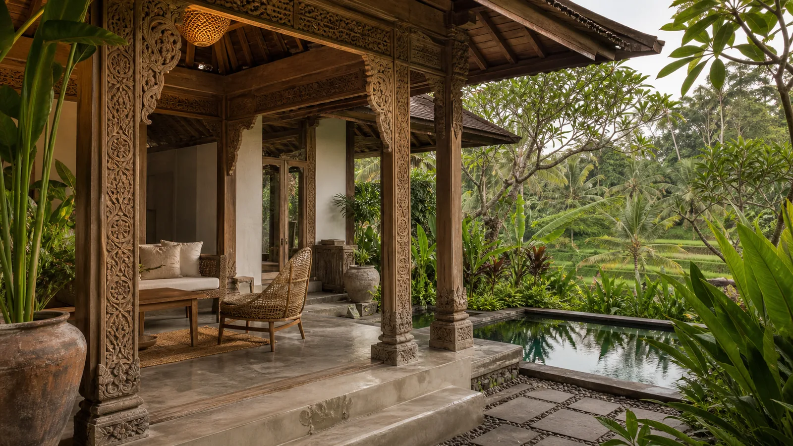 Ubud Bali villa hero: Joglo pavilion entrance with carved teak columns, rattan lounge detail, and tropical planting