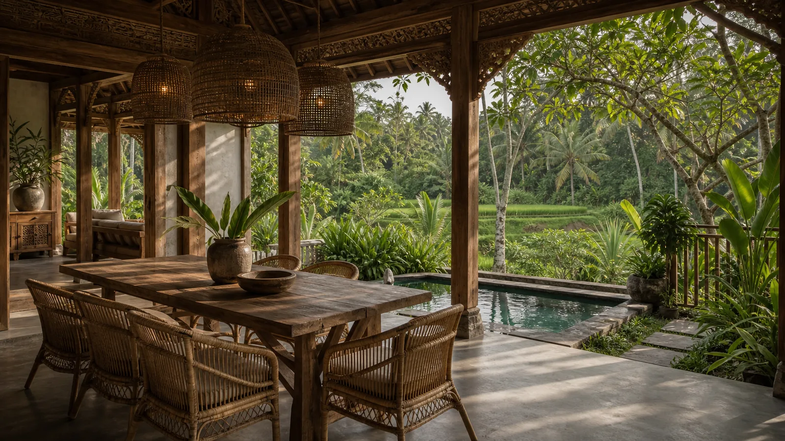 Ubud Bali villa main room: dining pavilion beside the pool with woven chairs, handmade ceramics, and tropical greenery