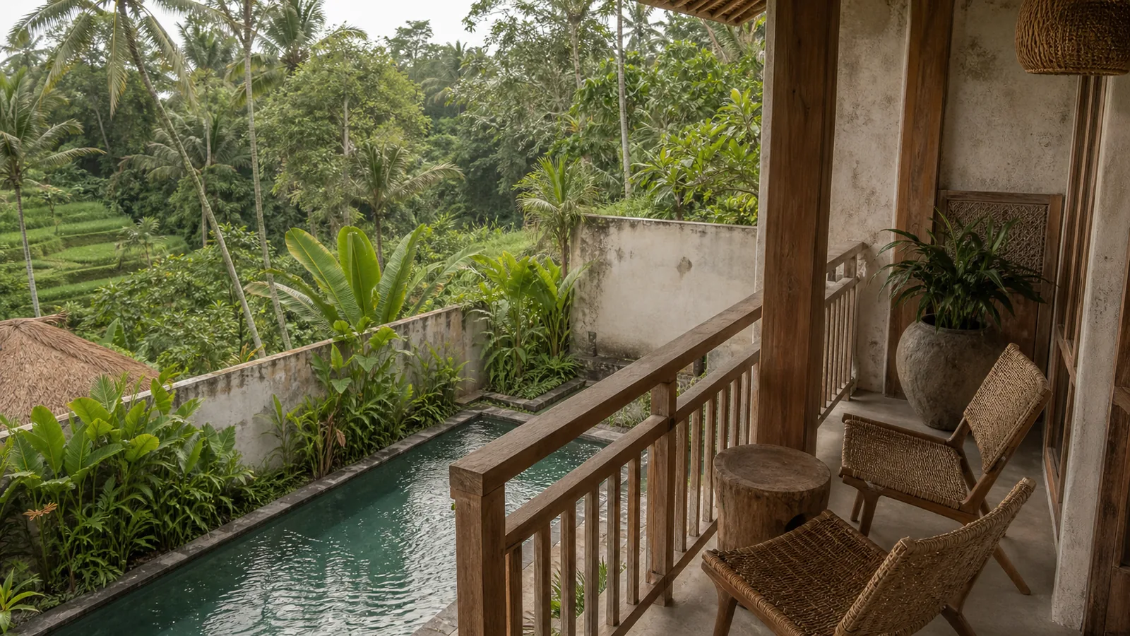 Ubud Bali villa architecture detail: second-floor balcony with woven chairs looking over the pool and tropical garden