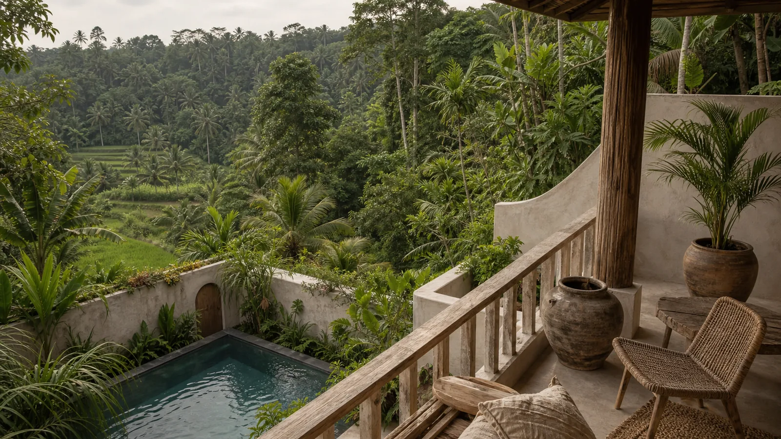 Ubud Bali villa location feel: upper-floor terrace or balcony that shows the selected Bali location mood without signage or people