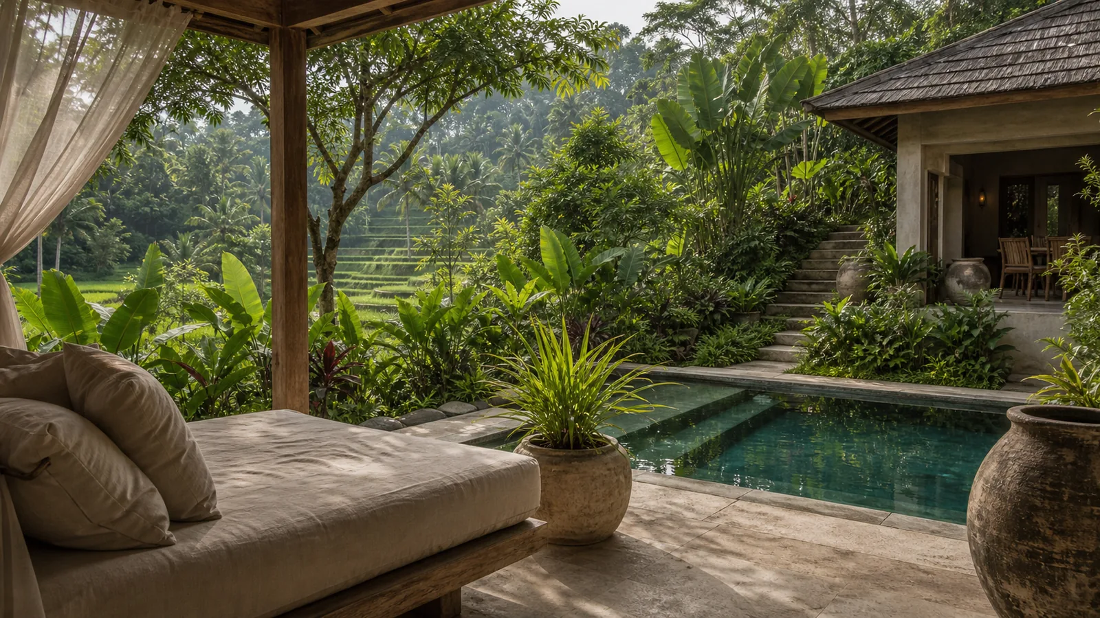 Ubud Bali villa guest experience: poolside daybed and shaded terrace, guest-ready but not staged like a hotel advertisement