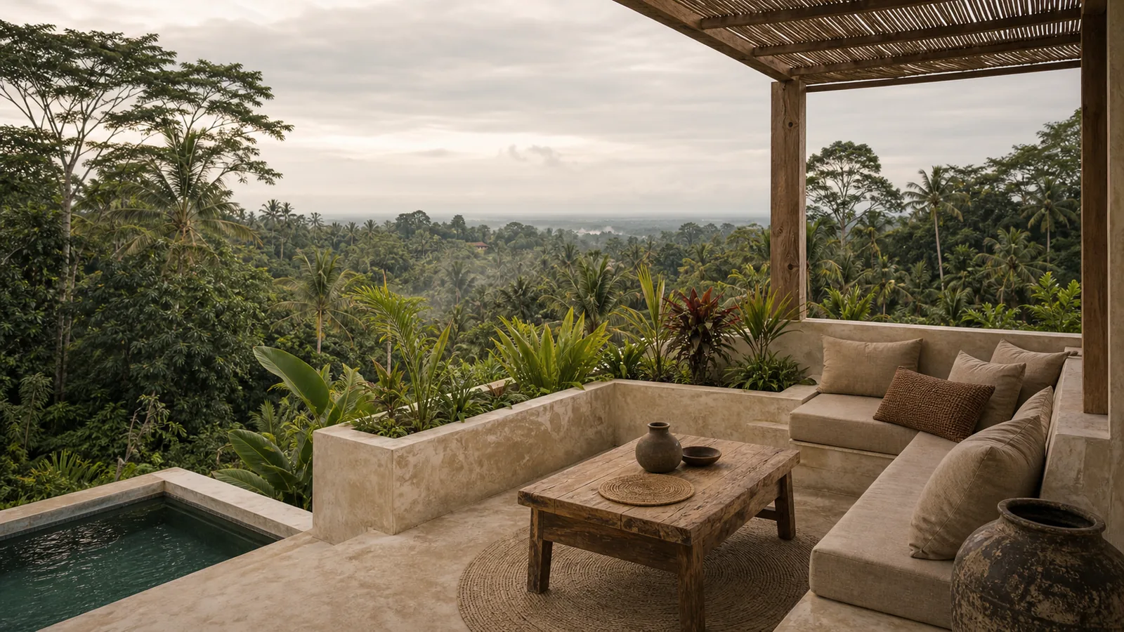 Ubud Bali villa final villa scene: rooftop terrace with built-in seating, textured plaster, tropical planting, and distant location-specific view
