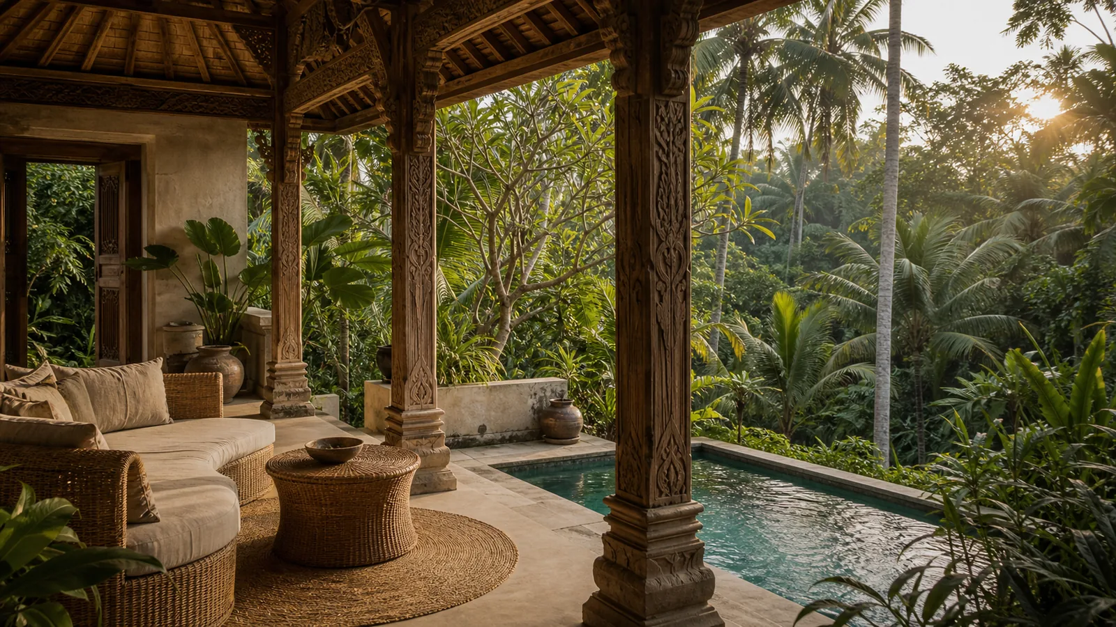 Ubud Bali villa hero: Joglo pavilion entrance with carved teak columns, rattan lounge detail, and tropical planting