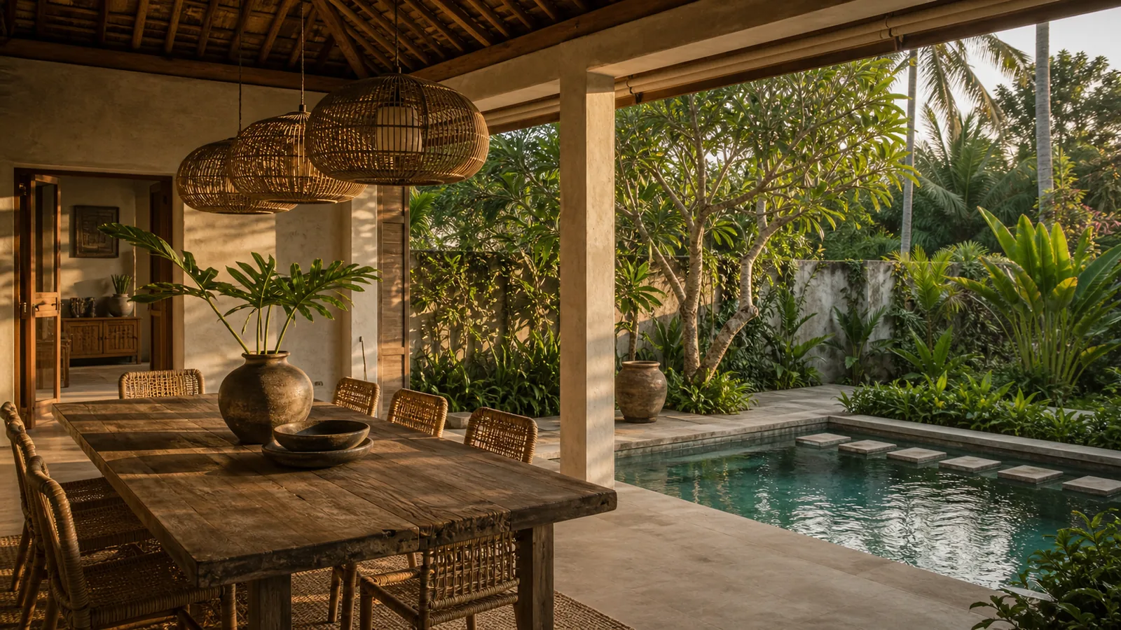 Ubud Bali villa main room: dining pavilion beside the pool with woven chairs, handmade ceramics, and tropical greenery