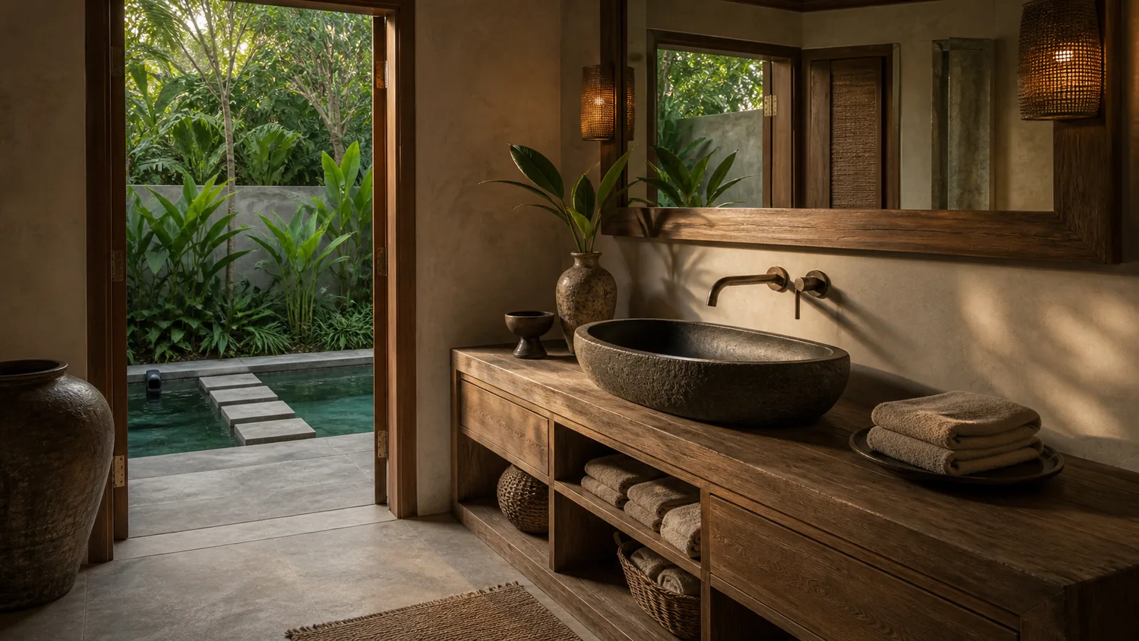 Ubud Bali villa architecture detail: enclosed spa bathroom with black stone basin, teak vanity, linen towels, and soft garden light