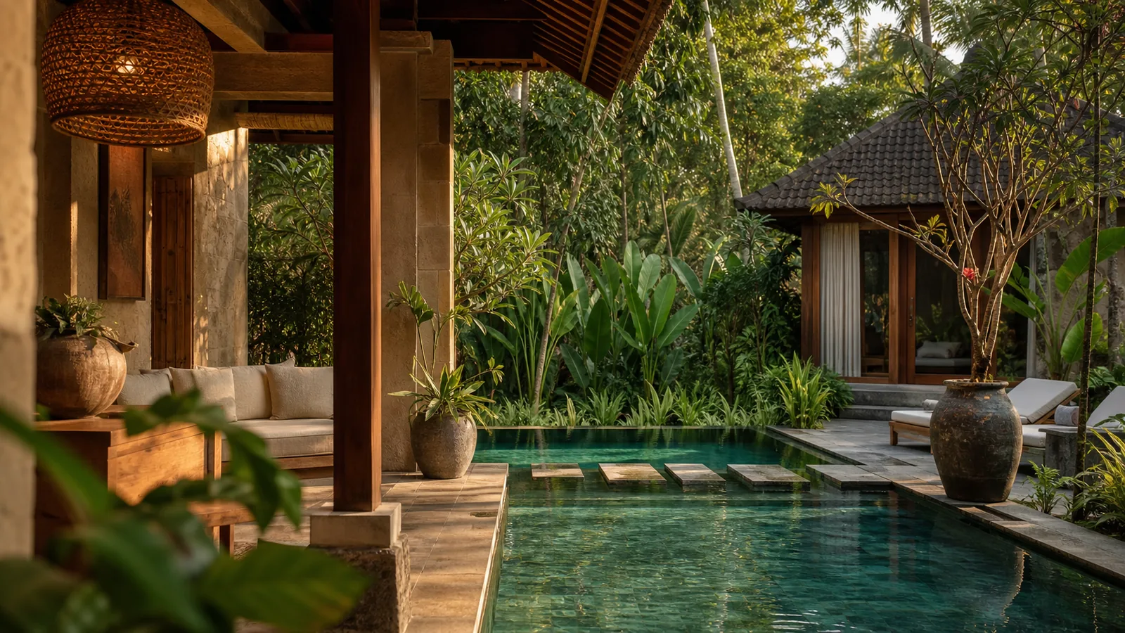 Ubud Bali villa location feel: pool edge composition that expresses the selected Bali location through planting, horizon, or courtyard density