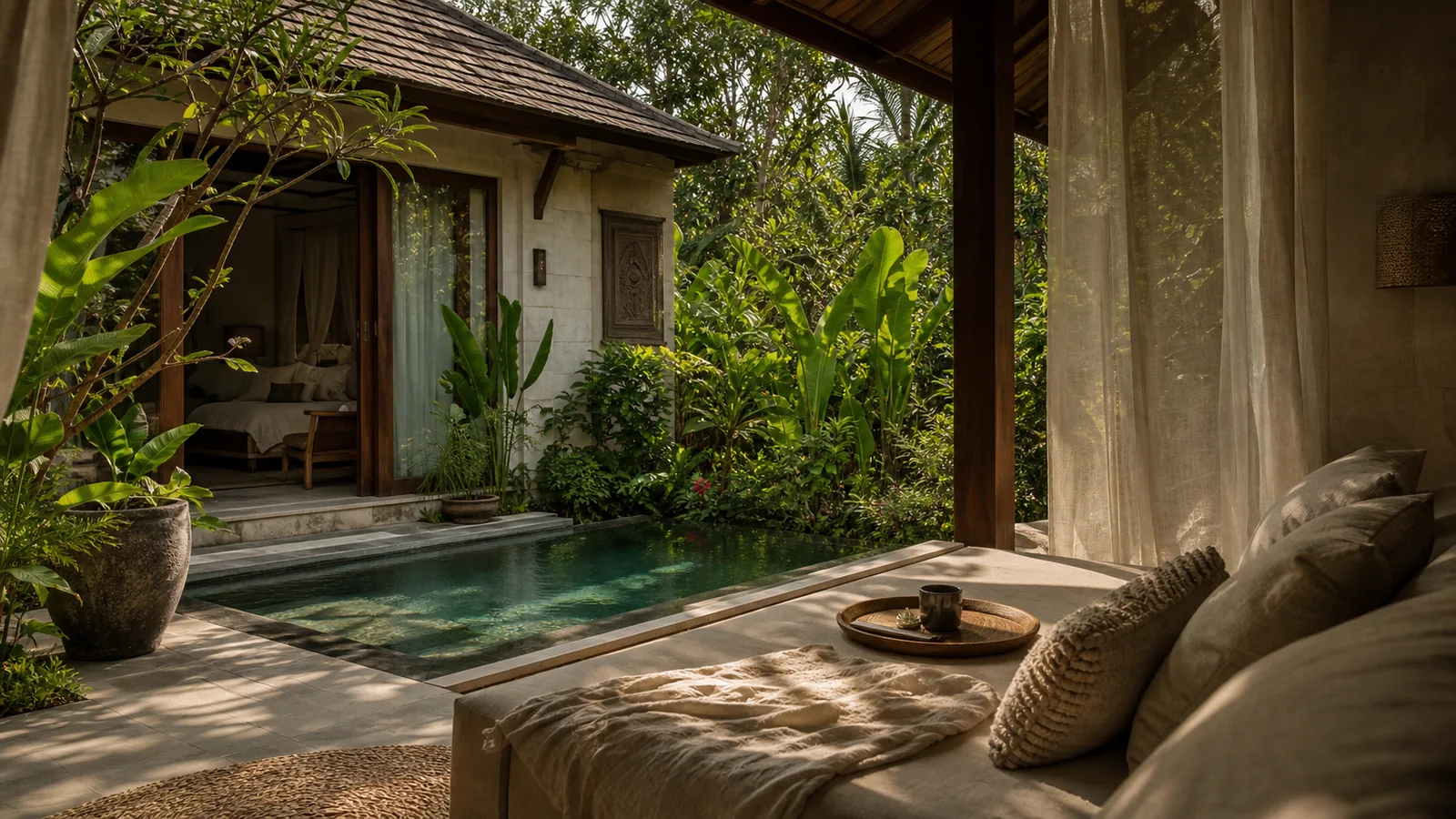 Ubud Bali villa guest experience: poolside daybed and shaded terrace, guest-ready but not staged like a hotel advertisement