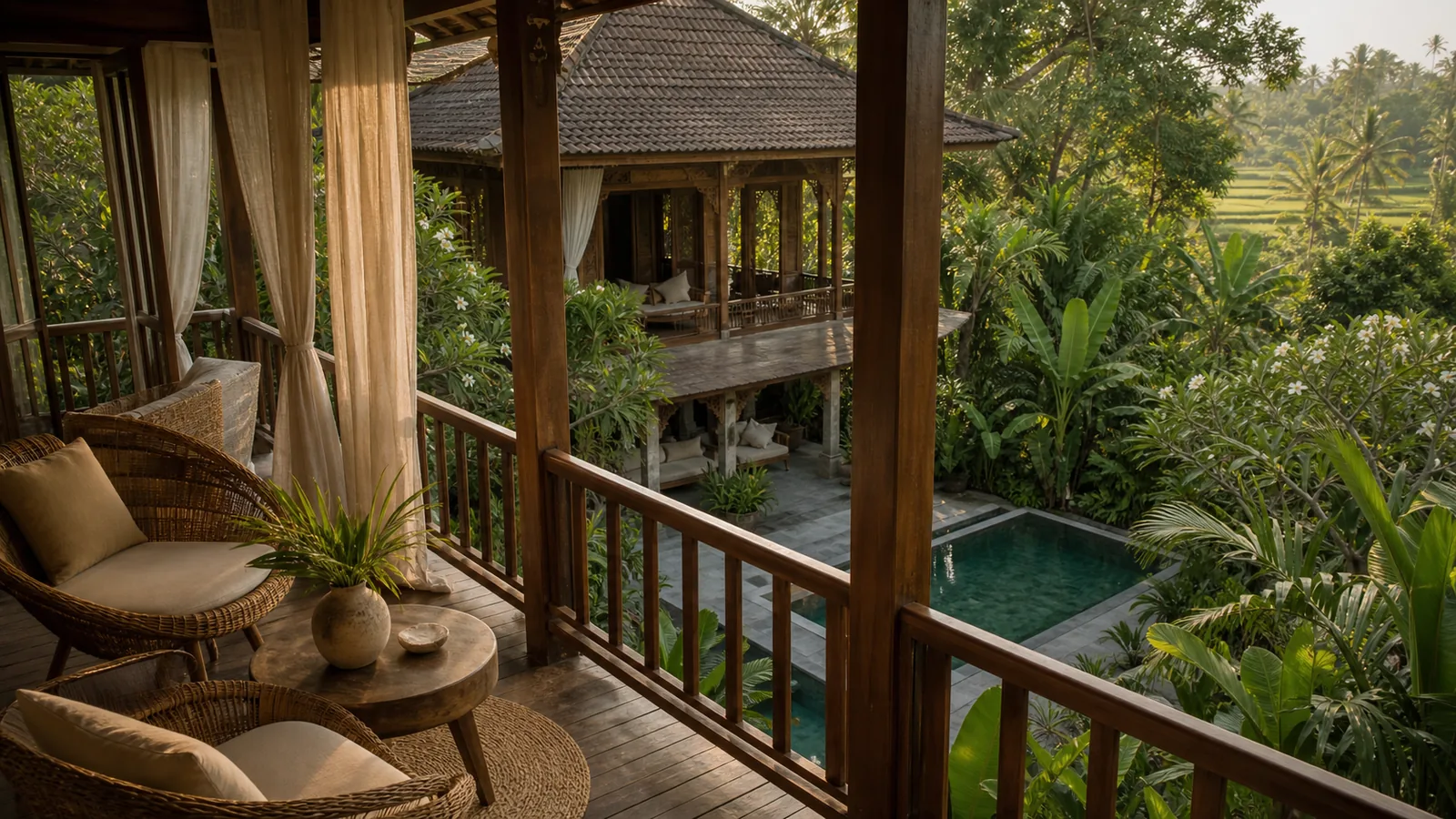 Ubud Bali villa final villa scene: second-floor lounge balcony with rattan chairs, linen curtains, and view down to the pool