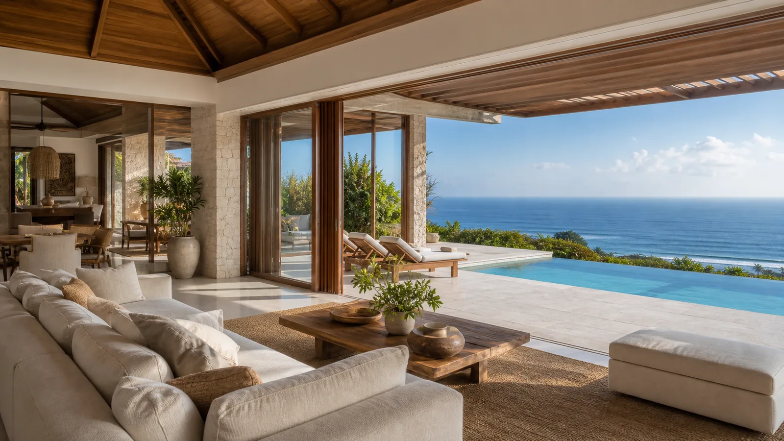 Uluwatu ocean-view villa main room and pool connection for Uluwatu Ocean View Villas