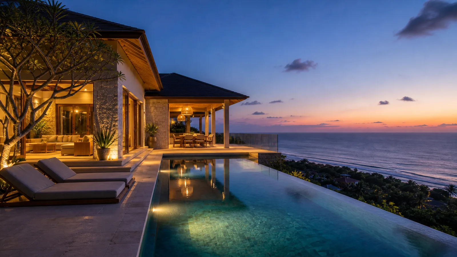Uluwatu ocean-view villa final evening villa scene for Uluwatu Ocean View Villas