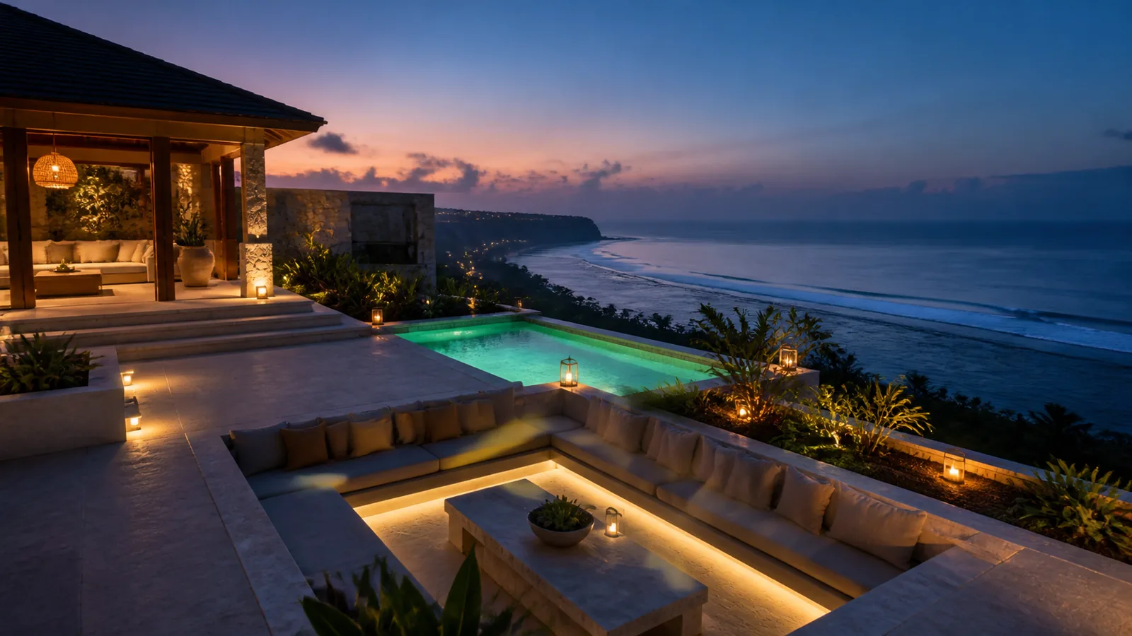 Uluwatu surf villa final evening villa scene for Uluwatu Surf Villas for Sale
