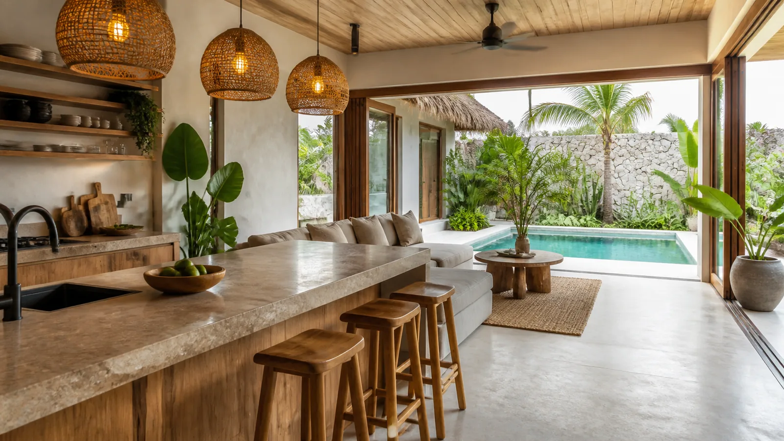 Uluwatu rental-ready villa main room and pool connection for Uluwatu Villa Rental Yield