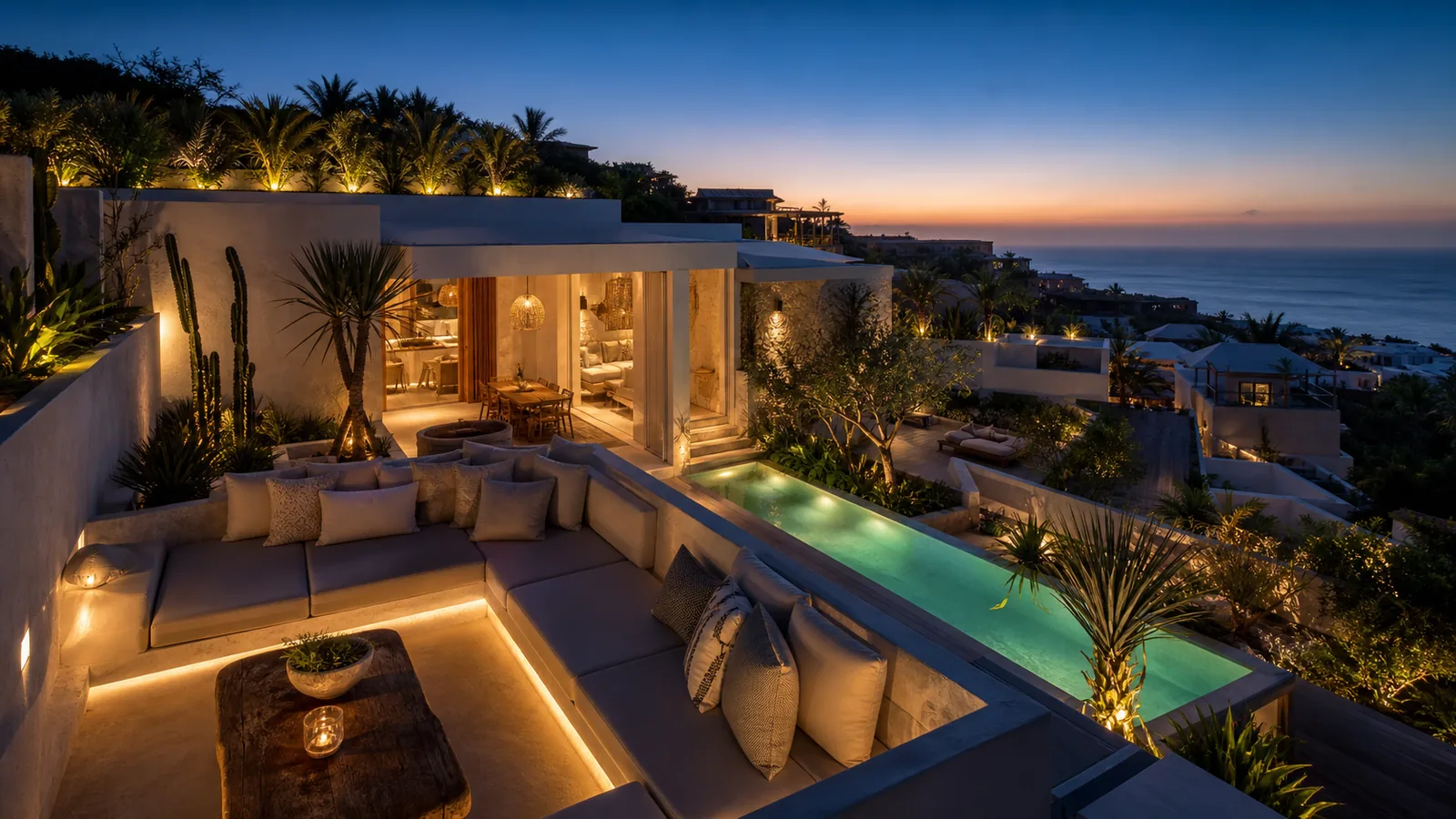 Uluwatu rental-ready villa final evening villa scene for Uluwatu Villa Rental Yield