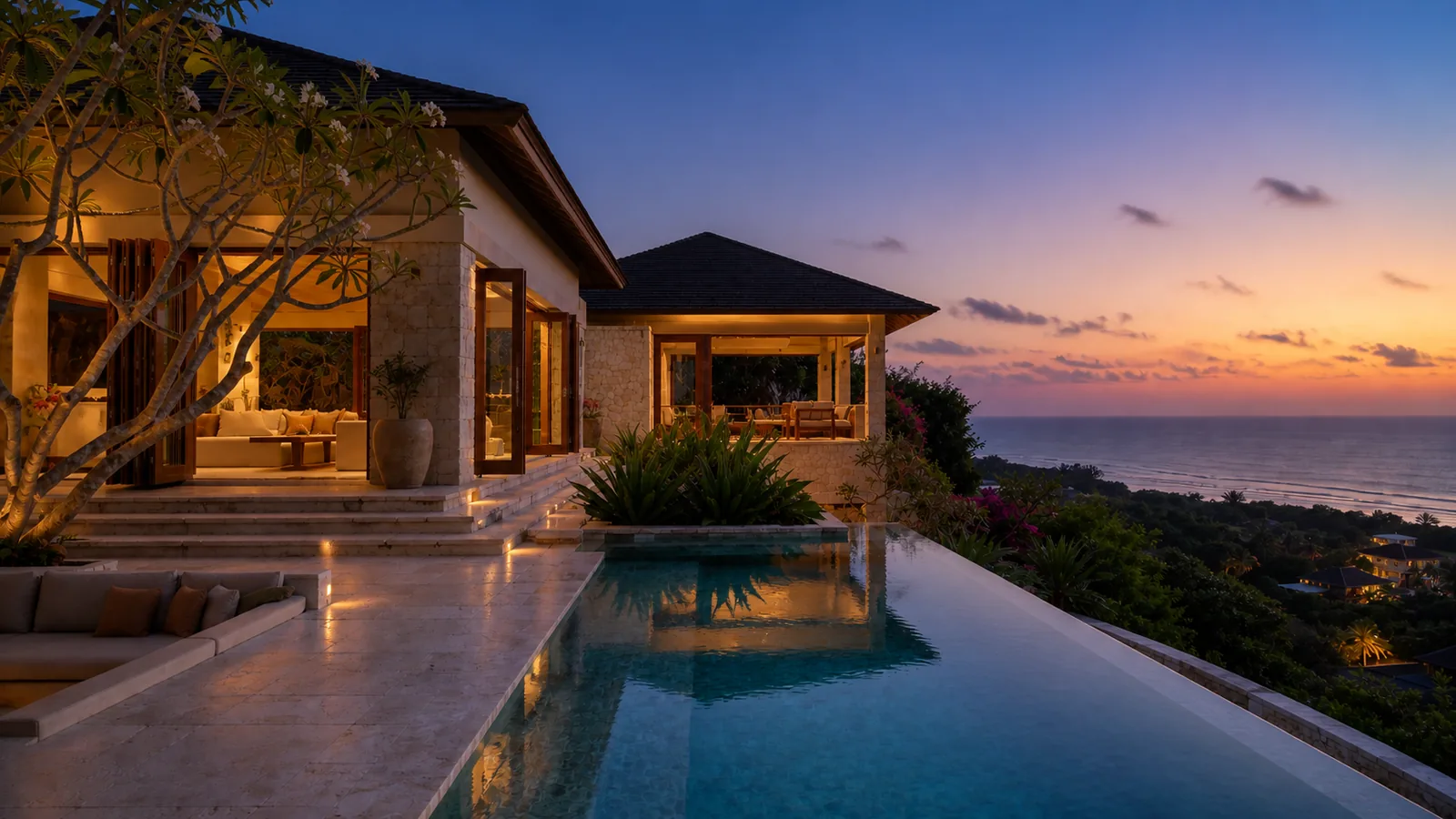 Uluwatu/Bukit villa final evening villa scene for Uluwatu Villas for Sale