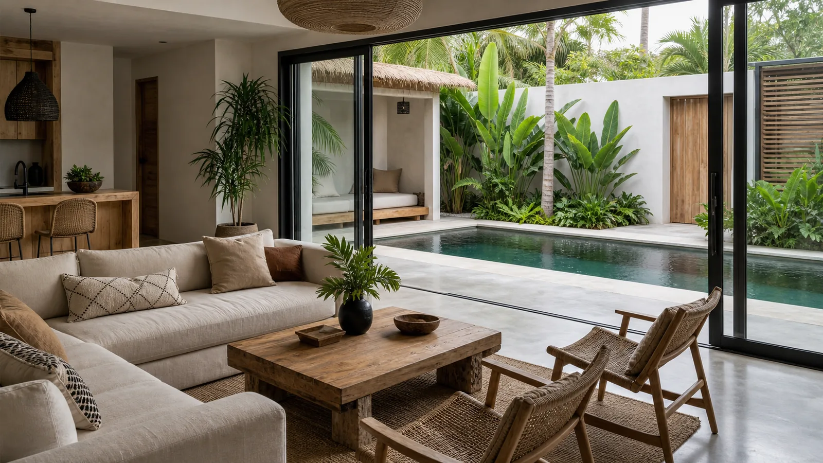 Uluwatu/Canggu comparison villa main room and pool connection for Uluwatu vs Canggu Property