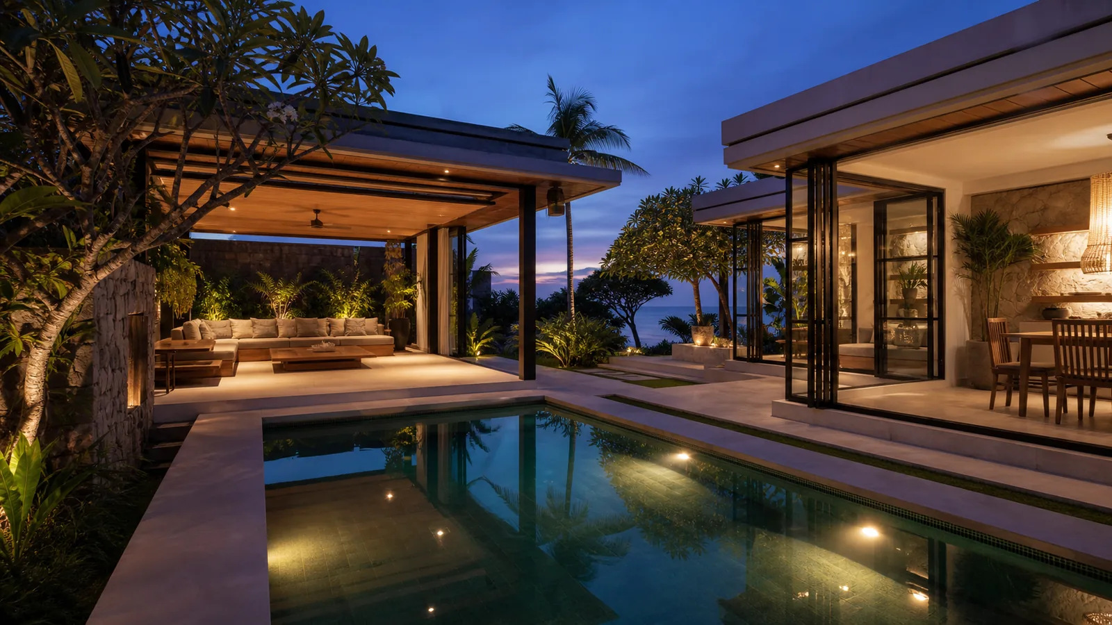 Uluwatu/Canggu comparison villa final evening villa scene for Uluwatu vs Canggu Property