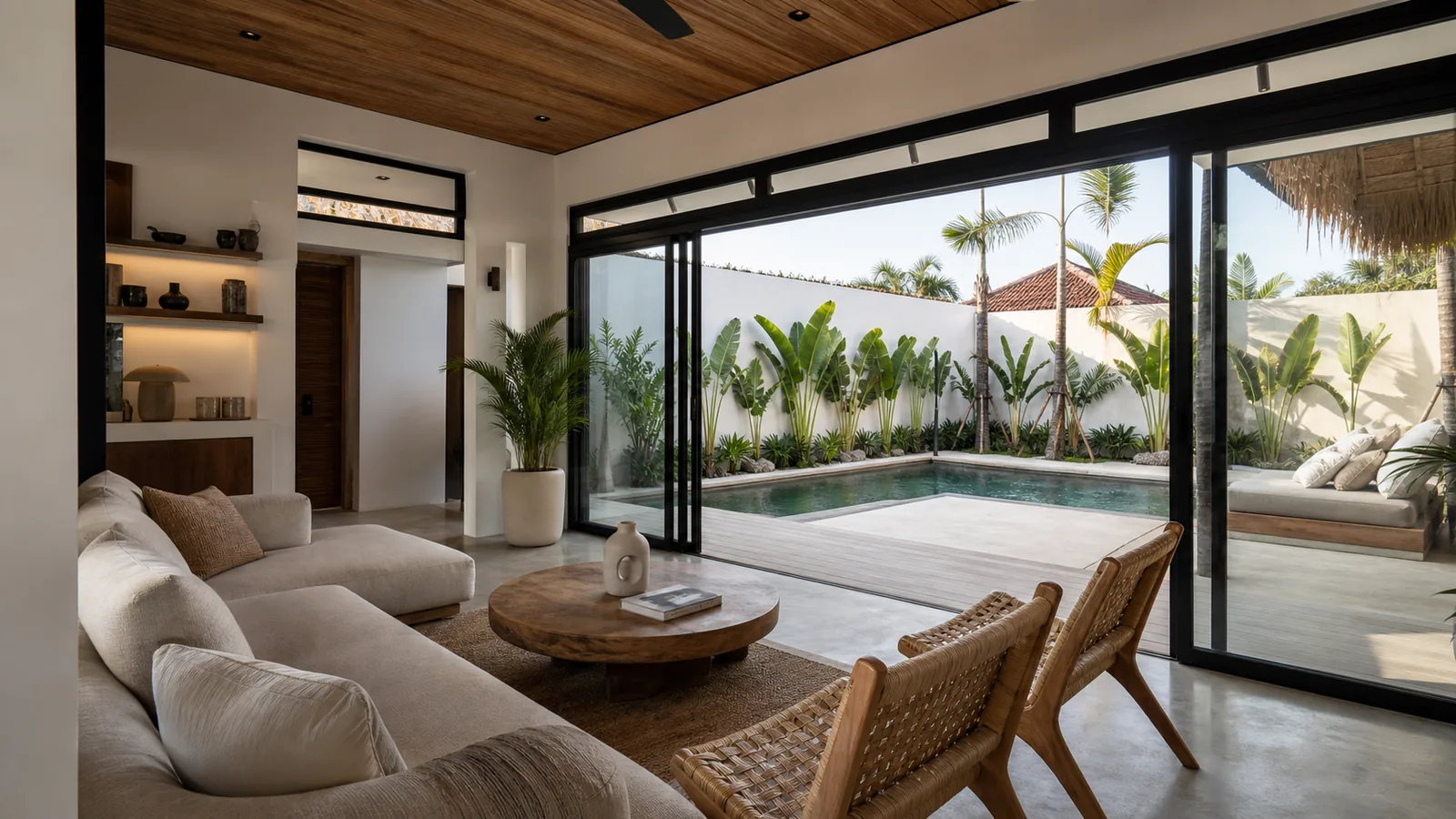 Canggu modern tropical villa living room opening to courtyard pool