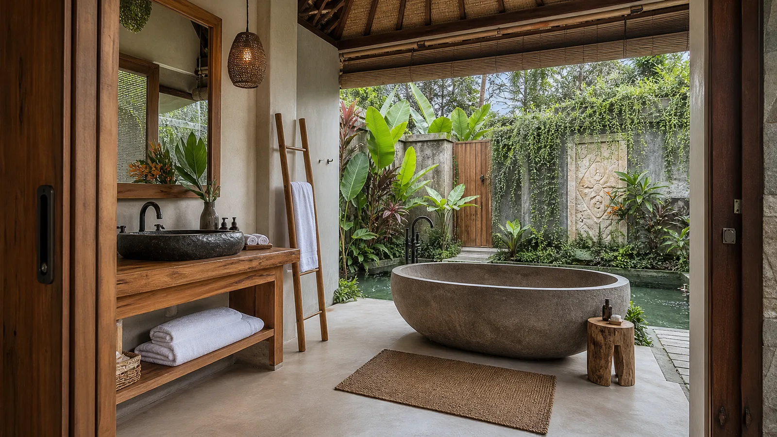 Ubud jungle villa open-air bathroom with stone bathtub