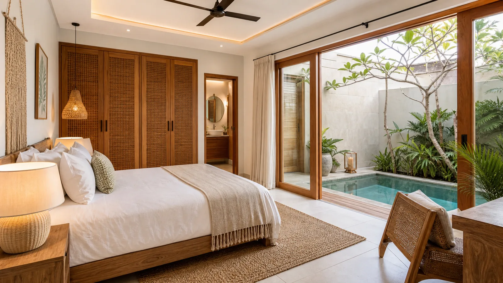 Sanur family villa primary bedroom opening to plunge pool