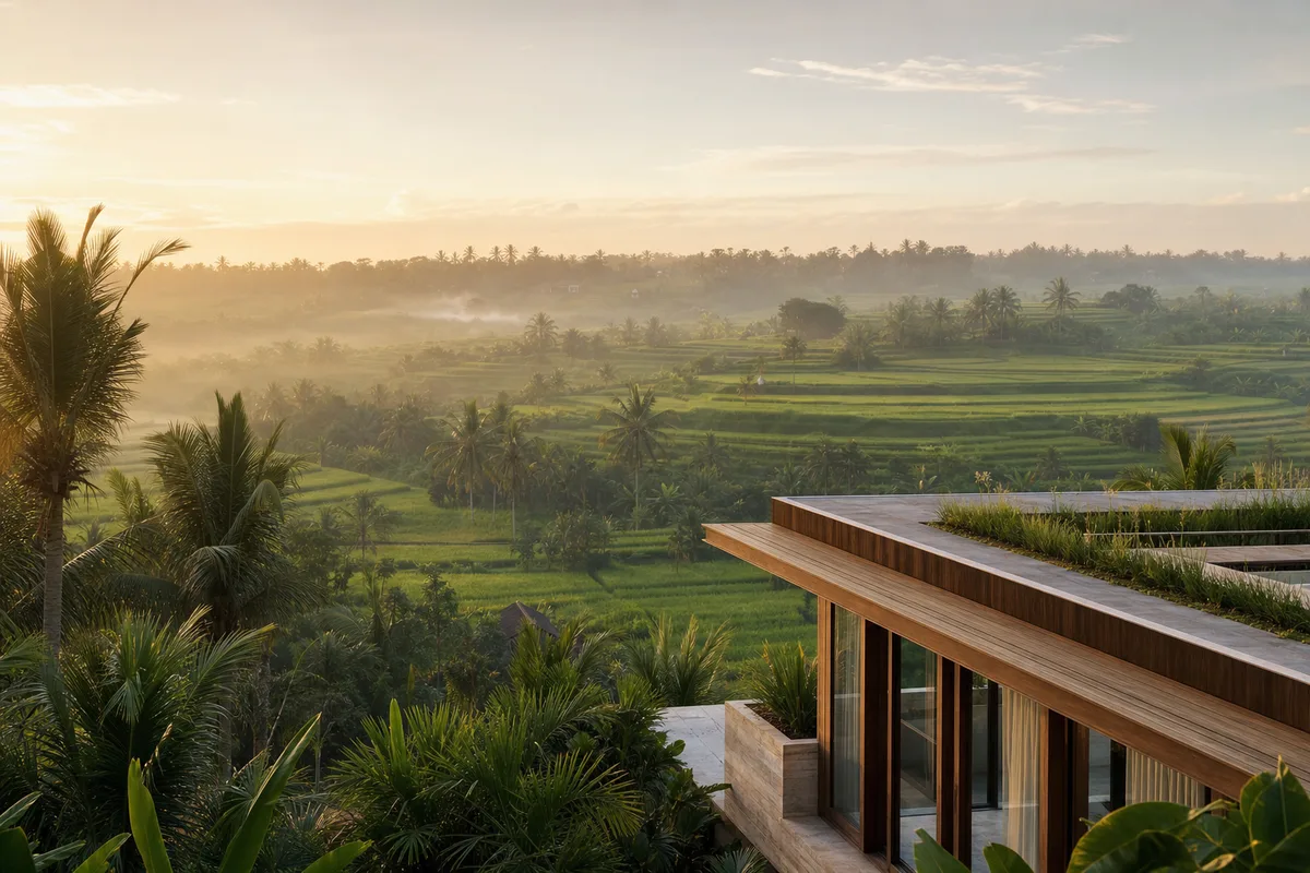 Pererenan rice terraces with a modern villa roofline