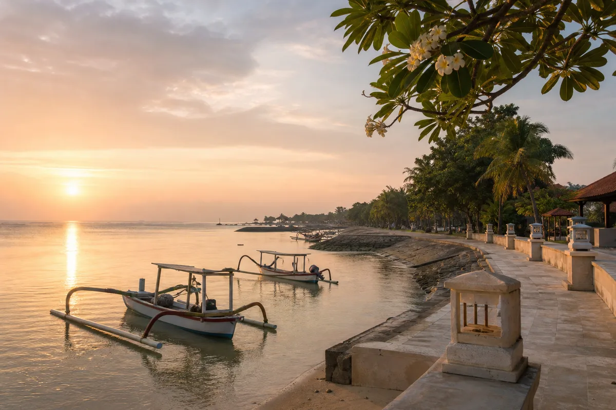 Calm Sanur beachfront with moored jukung boats at sunrise