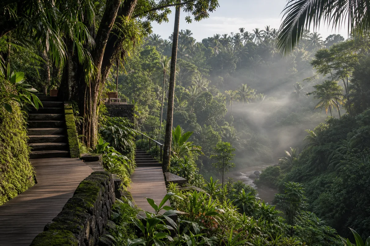 Ubud jungle valley with teak walkway and river mist